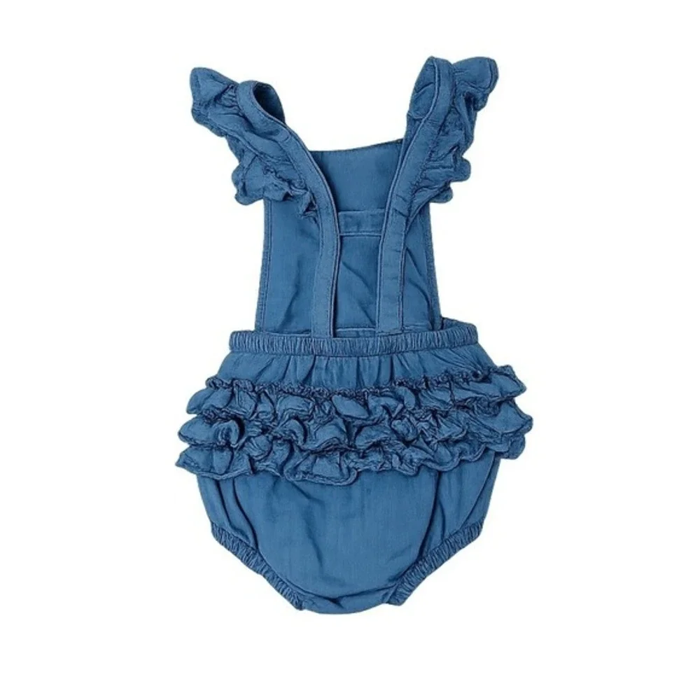 RuffleButts Baby‎ Girl Denim Ruffle Bubble Romper Sunsuit 12-18M